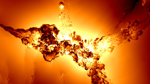 Render of the gas velocity on 10 Mpc scales, although only in a very thin slice of 100 physical kiloparsecs (in the viewing direction)