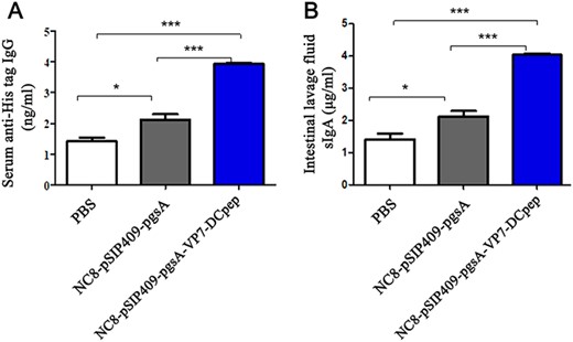 Specific antibodies detected by ELISA The expression of specific anti-His tag (A) IgG content in serum and (B) sIgA in intestinal lavage fluid. *P<0.05, ***P<0.001.