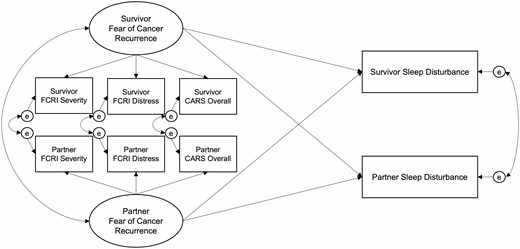 Full dyadic structural model estimated at both sleep diary bursts. FCRI Fear of Cancer Recurrence Inventory; CARS Concerns about Recurrence Scale.