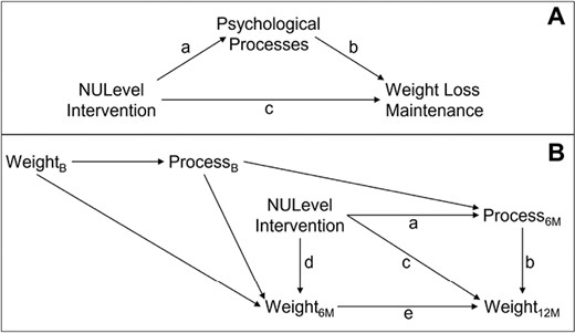 Theoretical models guiding our analyses. The upper panel (Panel A) outlines our project within the experimental medicine (EM) approach to health behavior change. The lower panel (Panel B) provides a directed acyclic graph (DAG) delineating how the variables in Panel A play are theorized to operate over the three time points of the NULevel trial. Panel B also represents a path diagram that matches the path analytic models computed in the current project. Path a captures the direct effect of the intervention on psychological processes at 6 months (6M). Path b captures the direct effect of the psychological process (measured at 6 months) on weight at 12 months (12M). The composite Path a × b captures the indirect effect of the intervention on weight at 12 months (12M) attributed to changes on the process at 6 months (6M; accounting for paths c and d × e). Path c captures the direct effect of the intervention on weight at 12 months (12M; accounting for paths a × b and d × e). Path d captures the direct effect of the intervention on weight at 6 months (6M). Path e captures the direct effect of weight at 6 months (6M) on weight at 12 months (12M). Finally, the composite Path d × e captures the indirect effect of the intervention on weight at 12 months (12M) attributed to changes on weight at 6 months (6M). Panel B also shows the theorized roles of weight and the psychological processes at baseline (B) as they relate to other variables in the model.