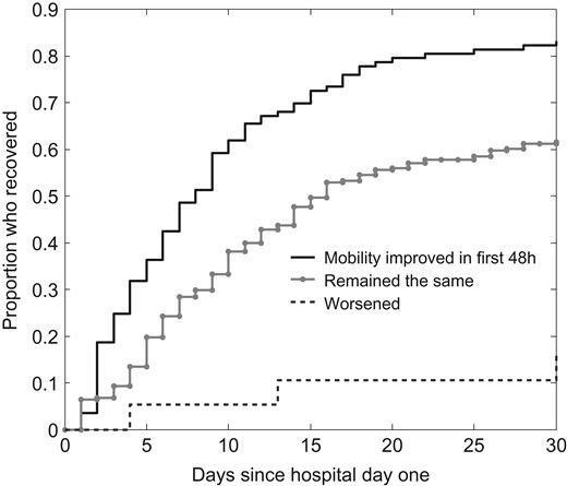 Time and extent of recovery in mobility and balance, relation to the initial (48 h) treatment response.