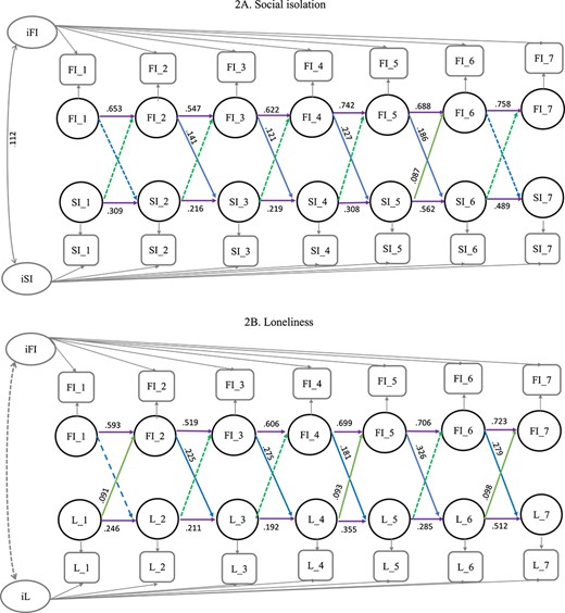 (A) A random-intercept cross-lagged panel model of social isolation and frailty index across 7 time points. Notes: FI = frailty index; SI=Social Isolation, Squares represent observed variables. Of the observed variables, latent variables at both the between and within level were created. Circles represent latent variables. Arrows represent significant paths; dashed arrows represent non-significant paths. Double-headed arrows represent correlations. Autoregressive paths are represented by horizontal arrows and cross-lagged paths are represented by diagonal arrows. Autoregressive and cross-lagged values represent standardised coefficients. T1 = Time 1 (1995–1996); T2 = Time 2 (1998–1999); T3 = Time 3 (2001–2002); T4 = Time 4 (2005–2006), T5 = Time 5 (2008–2009); T6 = Time 6 (2011–2012); T7 = Time 7 (2015–2016). For clarity, covariances between social isolation and frailty over time are omitted from the figure. (B) A random-intercept cross-lagged panel model of loneliness and frailty index across 7 time points. Notes: FI = frailty index; L = Loneliness, Squares represent observed variables. Of the observed variables, latent variables at both the between and within level were created. Circles represent latent variables. Arrows represent significant paths; dashed arrows represent non-significant paths. Double-headed arrows represent correlations. Autoregressive paths are represented by horizontal arrows and cross-lagged paths are represented by diagonal arrows. Autoregressive and cross-lagged values represent standardised coefficients. T1 = Time 1 (1995–1996); T2 = Time 2 (1998–1999); T3 = Time 3 (2001–2002); T4 = Time 4 (2005–2006), T5 = Time 5 (2008–2009); T6 = Time 6 (2011–2012); T7 = Time 7 (2015–2016). For clarity, covariances between loneliness and frailty over time are omitted from the figure.