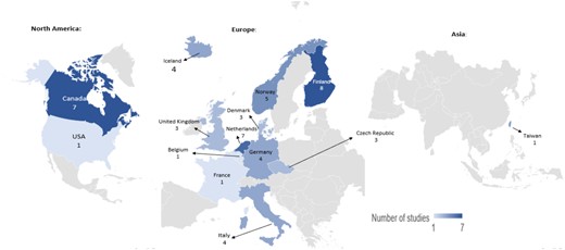 A map illustrating the geographical distribution of studies, with regions shaded to represent the number of studies per territory.