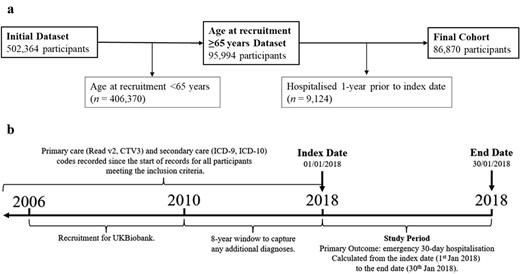 (a) Participant selection process. (b) Study design flowchart. Note. (a) Patients hospitalised 1 year before the index date were excluded from the analysis to account for healthy user bias. (b) CTV, clinical terms version; ICD, International Classification of Diseases.