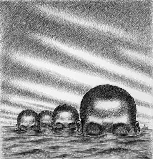 Ibo Landing #7. Charcoal on paper, 52 × 52 in. Copyright © 2009 Donovan Nelson/Valentine Museum of Art. An artistic rendering of a collective suicide carried out in 1803 off the coast of Georgia in a place now called Igbo Landing (also Ibo, Ebo, and Ebos Landing), where a group of recently arrived slaves drowned themselves, it is believed, in order to allow their souls to travel back across the Atlantic and return home. That remarkable, powerful act of resistance represents just one of a broader set of meanings assigned to suicide during and after slavery’s reign.
