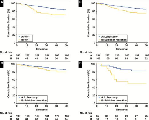 Recurrence-free survival (RFS) in patients with lung adenocarcinoma 2 cm or less stratified by visceral pleural invasion (VPI) and surgical procedure. A, RFS by VPI in all patients; P = .014. B, RFS by surgical procedure in all patients; P = .018. C, RFS by surgical procedure for patients with VPI negativity (n = 286); P = .215. D, RFS by surgical procedure for patients with VPI positivity (n = 53); P = .009.