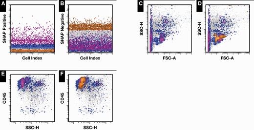 Projection of two-dimensional (2D) histogram Shapley additive explanation (SHAP) values from all 78 2D histograms back to individual cells, plotted using clinical flow cytometry software. The highlighted cells indicate the cell populations that were most impactful in determining the convolutional neural network predictions. It is important to note that while some cells are highlighted as being most impactful, the classifier does use all of the cells in its prediction. A, B, Gating of cells by summed SHAP values. Cells highlighted in blue had increased summed positive SHAP values, cells in magenta had very increased summed positive SHAP values, and cells in orange had increased summed negative SHAP values. C, D, Projection of cells along forward-scatter and side-scatter axes, with (C) and without (D) superimposed negatively impacting cells highlighted. The cells along the left edge of the plot are consistent with nonviable cells. E, F, Gated viable cells, with (E) and without (F) negatively impacting cells highlighted. Most of the clusters of impactful cells are consistent with subpopulations of lymphocytes. Data are from an example case with predicted cHL+ probability more than 0.95. cHL, classic Hodgkin lymphoma.