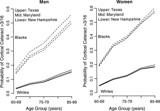 Predicted probability of cortical cataract by age, within ethnicity and sex groups. The lines demonstrate assumed probabilities for residence in Texas, Maryland, and New Hampshire. Source: Bureau of the Census, US Department of Commerce (32).