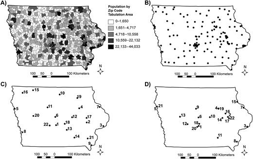 A) The population distribution for the state of Iowa. B) The 143 different possible locations for influenza-like illness sentinel sites. C) The 22 influenza-like illness sentinel locations (based on the 143 sentinel locations) chosen by the authors’ maximal coverage model. The numbers represent the order in which the sites were chosen by the model. D) The 22 Iowa Department of Public Health influenza-like illness sentinel locations for the 2006–2007 influenza season. The numbers represent the order in which the existing sites should have been chosen to maximize coverage.