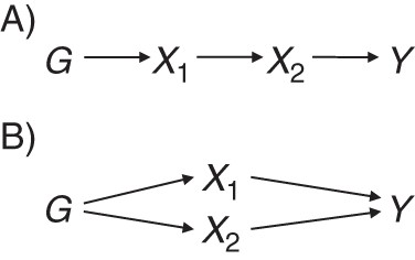 Causal directed acyclic graph illustrating vertical (A) and functional (B) pleiotropy in associations between variant G, risk factors X1 and X2, and outcome Y.
