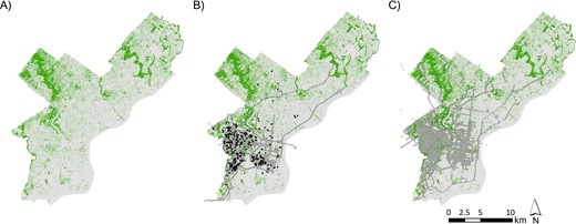 Tree cover and 1-minute path points for gunshot case subjects and controls, Space-Time Adolescent Risk Study, Philadelphia, Pennsylvania, 2008–2011. A) Tree cover only. B) Tree cover with 1-minute path points and gunshot locations for gunshot case subjects. C) Tree cover and 1-minute path points for control subjects. Green shading represents tree cover. Dark grey points represent 1-minute path points. Black points represent gunshot locations.