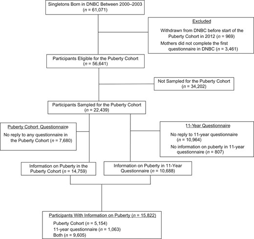 Flow diagram of participants in the Puberty Cohort nested within the Danish National Birth Cohort (DNBC) (n = 15,822), Denmark, 2000–2017.
