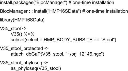 Data access using HMP16SData. This example demonstrates subsetting by body subsite, attaching controlled participant data from the Database of Genotypes and Phenotypes, and coercion to a phyloseq (8) class object.