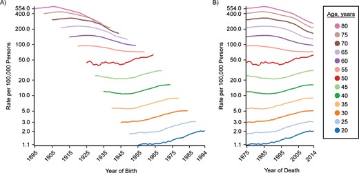 Cohort (A) and period (B) trends for colon and rectal cancer incidence in US males, SEER Program, 1975–2014. C-P score = 0.21; deviance explained: 60.6%. SEER, Surveillance, Epidemiology, and End Results.