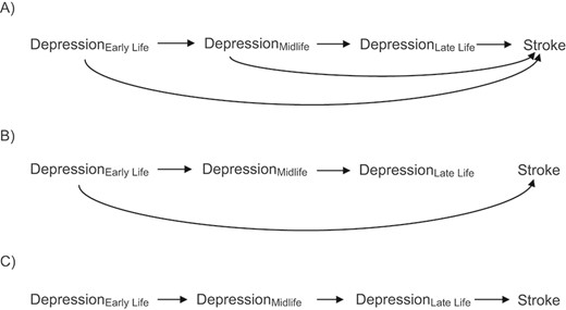 Causal diagrams reflecting the application of life-course theories (in the absence of time-varying confounding) to the example of depression in early, mid-, and late life and subsequent stroke risk (in the absence of time-varying confounding). A) The accumulation model, in which each exposure to depression has a direct effect on stroke; B) the early-life critical period model, in which only early-life depression affects stroke; C) the pathway model, in which early- and midlife depression influence stroke only via their impact on late-life depression. Note that all 3 panels show early-life depression being associated with late-life depression only through midlife depression; the plausibility of this assumption must be considered on a case-by-case basis.