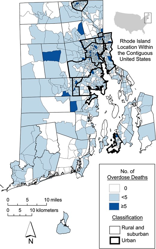Numbers of overdose deaths in Rhode Island by US Census block group, January 1, 2016–June 30, 2020.