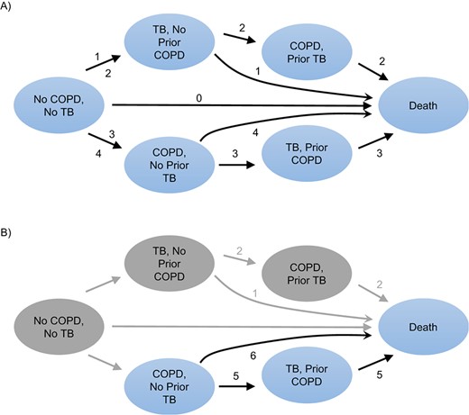 Intervention scenarios and incident disease pathways during a 100-year–period simulation, Denmark, 1995–2014. A) Individuals who started the study with no chronic obstructive pulmonary disease (COPD) and no tuberculosis (TB) at baseline (n = 5,206,922); B) individuals who started the study with COPD and no prior TB at baseline (n = 110,663).