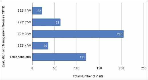 Total number of visits (March to October 2020). CPT indicates Current Procedural Terminology.