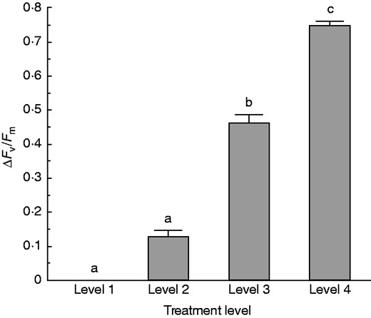 ΔFv/Fm of samples for each of the four levels of dehydration treatment. Recovery was measured after 1 week. Sample sizes used to calculate survival were: level 1 = three; level 2 = ten; level 3 = nine; level 4 = three. Higher ΔFv/Fm indicates more damage. Bars with different lowercase letters are significantly different at P < 0·05.