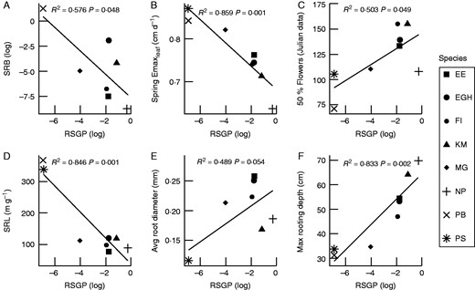 Trait correlations with relative summer growth potential. Traits include drought recovery biomass (SRB), summer Emaxleaf (an indicator of summer dormancy), springtime growth dynamics (spring Emaxleaf and date of 50 % inflorescence emergence) and root traits (SRL and average root diameter). NP, Nassella pulchra; KM, Koeleria macrantha; EGH, Elymus glaucus; EE, Elymus elymoides; FI, Festuca idahoensis; MC, Melica californica; PS, Poa secunda; PB, Poa bulbosa.