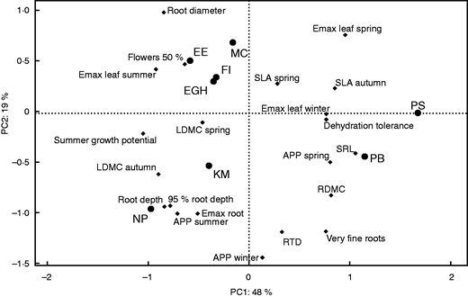 Principal components analysis of foliar and root functional traits and seasonal growth dynamics under non-limiting water conditions. Both SRB and RSGP were log-transformed prior to analysis. NP, Nassella pulchra; KM, Koeleria macrantha; EGH, Elymus glaucus; EE, Elymus elymoides; FI, Festuca idahoensis; MC, Melica californica; PS, Poa secunda; PB, Poa bulbosa. For other abbreviations and units, see Tables 1 and 3.
