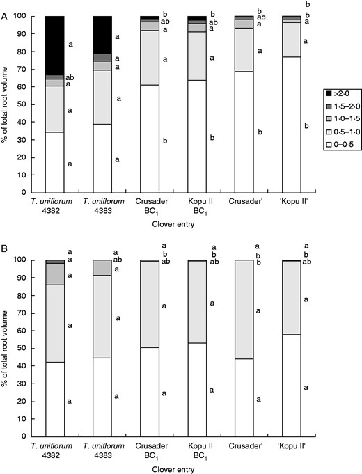 Mean percentage of total root volume in root diameter classes from 0–0·5 to >2·0 mm at harvest 3 (170 d after sowing). (A) 50–100 mm depth. (B) 400–500 mm depth. Within diameter classes, means with the same letter were not significantly different at the 5 % level.