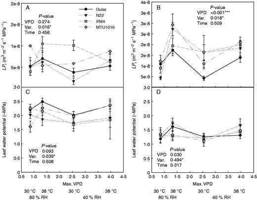 Effects of vapour pressure deficit (VPD) treatments on plant hydraulics in a growth chamber experiment of four rice varieties (Var.). Root hydraulic conductivity (Lpr; A and B) and leaf water potential (LWP; C and D) were measured in the drought stress (DD) and well-watered (WW) treatments. Results of the ANOVA are shown for each individual water treatment.