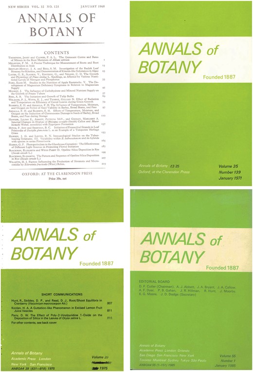 Front cover designs for Annals of Botany in use from 1962 until 1997. (Top left) Cover used from 1962 to 1970. (Top right) Cover used from 1971 to 1973. (Bottom left) Cover introduced in 1974 by Academic Press and used until 1984. (Bottom right) Cover used from 1985 to 1990. The dimensions of the Journal were approximately 7 inches × 10 inches (17·8 cm × 25·4 cm).
