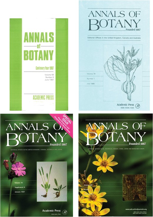 Covers of Annals of Botany in use from 1987 to 2012. (Top left) Cover introduced in 1987 to mark the centennial year of the Journal (size approximately 7 inches × 10 inches (17·8 cm × 25·4 cm). (Top right) Cover introduced in January 1991 in broad format (approximately 21 cm × 27·8 cm) with monochrome artwork and text on a green metallic cover. (Bottom left) Cover introduced in 1997 as the Journal’s first full-colour cover. (Bottom right) Cover used in 2012.