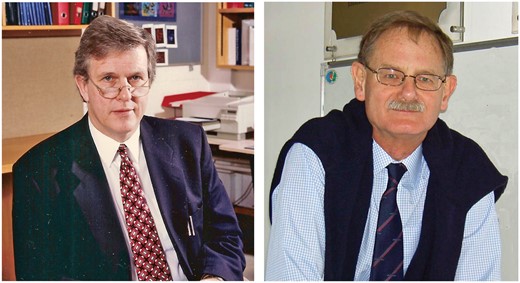 Michael David Bennett (left) and Michael Barson Jackson (right). Bennett was Chairman of the Annals of Botany Company from 2003 to 2008. Jackson was Chief Editor of Annals of Botany from 1996 to 2008 and Chief Editor of AoB PLANTS from 2009 to 20012.