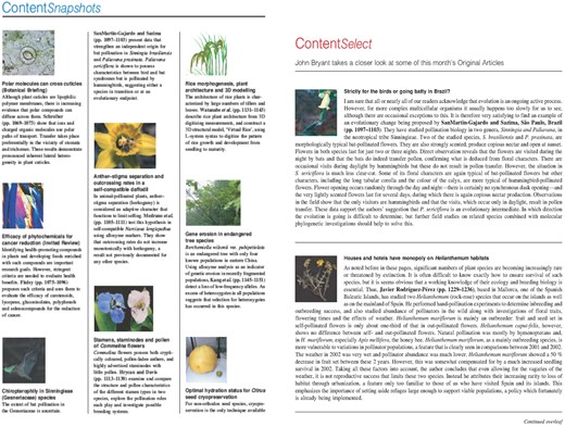 ContentSnapshots and ContentSelect. These two introductions to the front matter of Annals of Botany were made in 2002 to help draw attention to papers appearing in each issue.