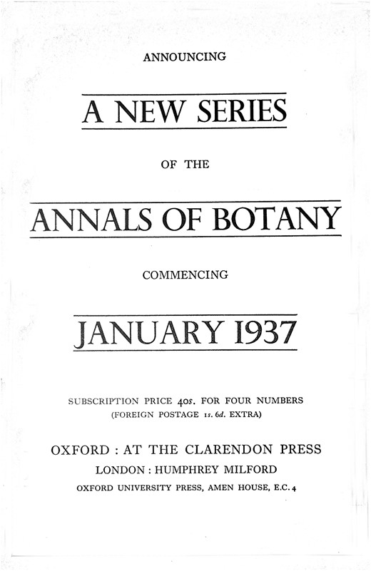 Title page of a flier prepared in 1936 advertising the launch of Annals of Botany New Series the following year.