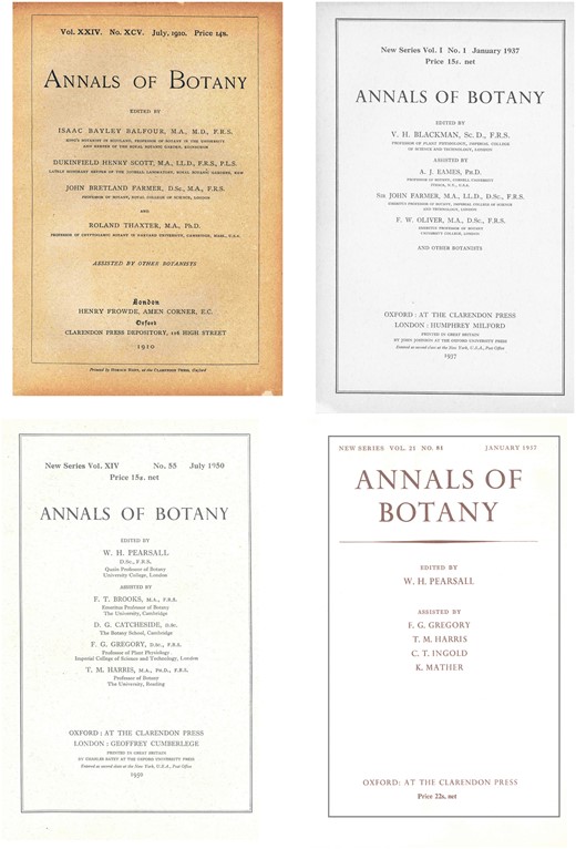 Front cover designs for Annals of Botany Old Series and New Series. (Top left) Old Series design used from 1910 to 1937. (Top right) First New Series design, used from 1937 to 1950. (Bottom left) Design used from 1950 to 1956. (Bottom right) Design used from 1957 to 1962, when Roman numerals were finally abandoned and coloured ink was used for the first time. The dimensions of the Journal were approximately 6 3/8 inches × 9 3/8 inches (16·2 cm × 23·8 cm).