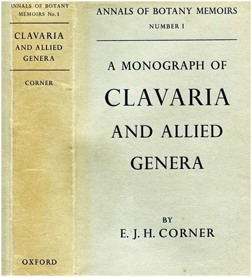 Dust cover (front and spine) of Annals of Botany Memoir No. 1. The Memoir, A monograph of Clavaria and Allied Genera, by E. J. H. Corner, was published in 1950 and reprinted in 1967 by Messrs Dawson and Co. This was the first of three Memoirs. The initial ambition was for many more.