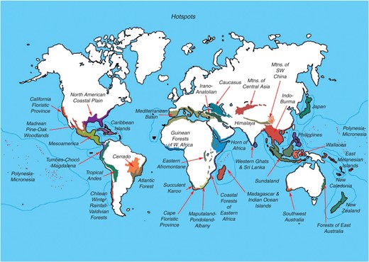 Currently recognized global hotspots of plant endemism, which are defined as having >1500 endemic plant species and >70 % habitat conversion. Stephen D. Nash© Conservation International.