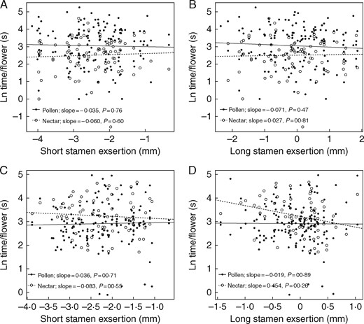 Mean duration of insect visits to single flowers as a function of stamen exsertion and foraging mode (pollen or nectar). (A and B) Effects of short and long stamen exsertion in the 2001 exsertion selection experiment. (C and D) Effects of short and long stamen exsertion in the 2002 dimorphism selection experiment. Values of time per flower are log-transformed.
