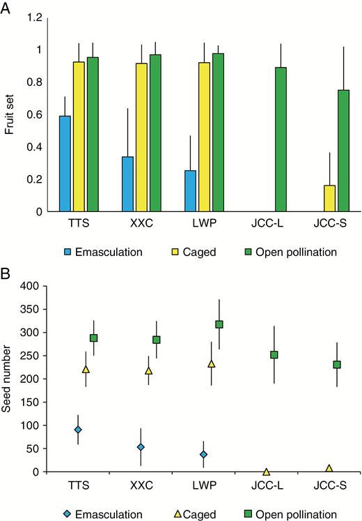 Fruit set (A) and seed set per fruit (B) following three pollination treatments (emasculated flowers, caged flowers and open-pollinated flowers) in three homostylous (TTS, XXC and LWP) and one distylous (JCC) population of Primula oreodoxa. In the emasculated treatment, only outcrossing and geitnogamy were possible and in the caged treatment only autonomous self-pollination was possible. Open-pollinated flowers can receive a mixture of cross- and self-pollen. Error bars are ±95 % confidence intervals; JCC-L = L-morph; JCC-S = S-morph. The remaining bars are homostylous individuals.