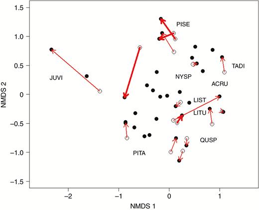 NMDS of the species abundance (basal area) of all vegetation plots from the Coastal Plain of North Carolina surveyed in this study (solid circles) and 16 sites with historic data (open circles), surveyed in 2003 or 2009 by the Carolina Vegetation Survey. Arrows connect plots that were resurveyed in the same location; bolded arrows denote that the original survey was conducted in 2003. Common taxon positions in species space are denoted by their species code and grouped to avoid overlapping labels for clarity. ACRU, Acer rubrum; JUVI, Juniperus virginiana; LIST, Liquidambar styraciflua; LITU, Liriodendron tulipifera; NYSP, Nyssa sp. (biflora or sylvatica); PISE, Pinus serotina; PITA, Pinus taeda; QUSP, Quercus, multiple species; TADI, Taxodium distichum.