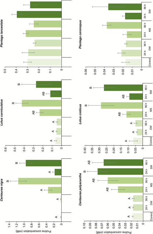 Effect of simulated seawater (MS), natural seawater (SW) and freshwater (DW) flooding on mean (± s.e.) leaf proline concentrations for six European coastal grassland species 3 d after root-zone immersion.