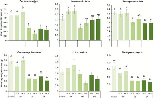 The effect of simulated seawater (MS), natural seawater (SW) and freshwater (DW) flooding on mean (±s.e.) total plant dry weight biomass for six European coastal grassland species 100 d after root-zone immersion.
