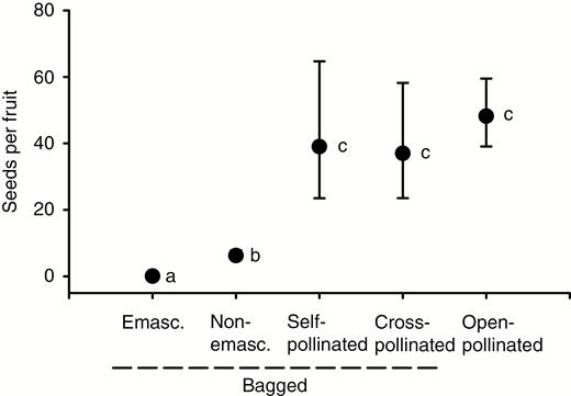 Effects of pollination treatment on seed production for Gloriosa superba from the Morgan Bay population. Values are mean (± standard error) number of seeds per fruit. Mean values that share a letter are not significantly different (post hoc Dunn–Šidák test). Sample sizes are provided in Table 1. Emasc. = emasculated.