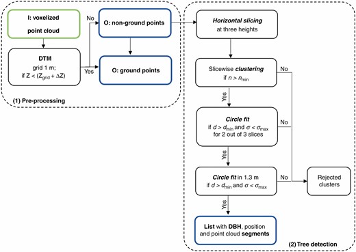 Flow chart of the processing steps 1 and 2: pre-processing and tree detection. The input data are outlined in green and the output of the step in blue.