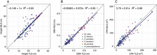 MLS and TLS tree height (A), DBH (B) and CPA (C) determined for all trees in group A.