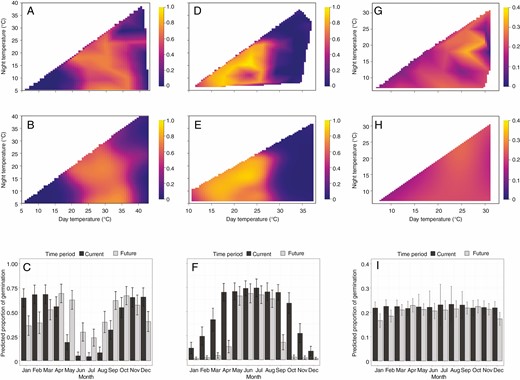 Observed and modelled germination data for three case study species under multiple temperature regimes: (A–C) Alectryon subdentatus; (D–F) Callitris baileyi; (G–I) Wollemia nobilis. Observations were generated using a TGP, and modelled using generalized additive modelling. The first row (A, D and G) shows rasterized quilt plots of the observed data, with day temperature (°C) on the x-axis, night temperature on the y-axis and final germination proportion on the z-axis. The second row (B, E and H) shows the same plots, but with the modelled data rather than the observed data. These plots show the best fitting model for each species. This is a tool to visualize model fit. The final row (C, F and I) shows the final germination proportion predicted into real world current and future predicted temperature for each month at the location of the source population for each species (except for W. nobilis). Current temperature predictions are downloaded from Worldclim models. The future temperatures predictions are an average (± s.e.) temperature from eight CMIP6 models under the IPPC shared socioeconomic pathway SSP5-8.5, for the years 2081–2100.