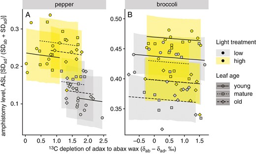 Relationships between amphistomy level (ASL) of pepper (A) and broccoli (B) leaves and the δ13C difference between the adaxial and abaxial leaf wax (δab − δad). Plants were grown at two different light intensities (HL, 450 ± 50 μmol m−2 s−1, yellow symbols; LL, 100 ± 20 μmol m−2 s−1, grey symbols); leaves of three insertion levels (ages) were analysed: low (old), middle (mature) and upper (young). Points indicate differences between the leaf sides in δ values calculated as the averages weighted by the abundance of individual wax compounds. Lines are linear regressions of ASL on (δab − δad); ribbons are 95 % confidence bands of the regression.