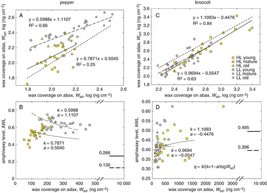 Relationship between epicuticular wax coverage on the opposite leaf sides. Correlations of the wax coverage on the adaxial side (Wad) with that on the abaxial leaf side (Wab) in pepper (A) and broccoli (C) and their relationship approximated by linear regression lines are plotted separately for plants grown in high light (HL, continuous line) and low light (LL, dashed line) and include all three age categories. The dotted line represents the 1:1 relationship. Notice that W was log-transformed. The line slopes (k) and intercepts (a) were used in calculation of the parameter q using the relationship shown in D and converted to values of amphiwaxy level (AWL) plotted against Wad in B and D. The thick lines and respective numbers in B and D show the near-asymptotic potential values of AWLpot obtained at high Wad (Wad = 10 μg cm−2). The depositions of epicuticular wax on adaxial and abaxial sides are related linearly. Slope (k) of this coupling called amphiwaxy determines the asymptotic value, maximum (at k > 1) or minimum (at k < 1) of amphiwaxy, which could potentially be reached at the infinitely high wax deposition on the adaxial side (Wad→∞). We hypothesize that the adaxial–abaxial patterning of wax coverage (amphiwaxy) and stomata (amphistomy) are interrelated.