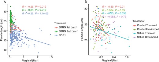 Graphs showing the negative correlations between panicle length and flag leaf Na+ concentration. The relationship was significant in all experiments under salinity except the Untrimmed treatment of the fourth experiment.