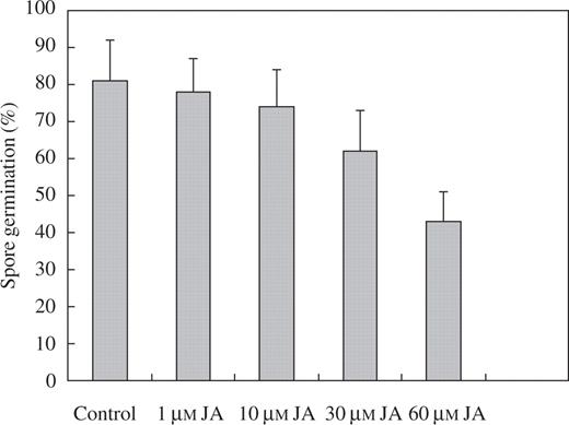 Effects of 1–60 μm JA on germination of uredospores of U. fabae. Values represent means ± s.e.m. of four replicates (each replicate represents 100 counted spores). Only 60 μm JA was significantly different from control (*P ≤ 0.01).