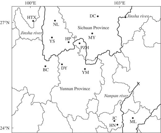 Map showing locations of the populations of Nouelia insignis sampled. Population symbols follow Table 1.