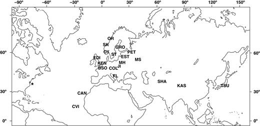  Geographic distribution of collection sites for the A. thaliana accessions used in this study. Latitude and longitude data are from ABRC or from accession collectors. Abbreviations: Canary Isands, CAN; Columbia and Landsberg, COL; Cape Verde Islands, CVI; Edinburgh, EDI; Estland, EST; Kashmir, KAS; Moscow, MS; Oystese, OY; Petergof, PET; Muhlen, MH; Pamiro-Alay, SHA; Tsu, TSU; Vranov u Brna, JI; Florence, FL; Kent, KEN; Bretagny Sur Orge, BSO; Gronsvik, GRO; Ørnes, OR; Storesand, ST; Skatval, SK. College Park, Maryland is marked with an asterisk. 